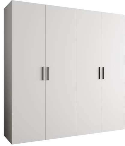 MEBLE KRYSPOL - Kleiderschrank - Garderobenschrank - 200 cm x 202 x 52 cm - Schrank mit Kleiderstange, 4 Türen - für Schlafzimmer, Flur - BARI, Weiß, Griff Schwarz