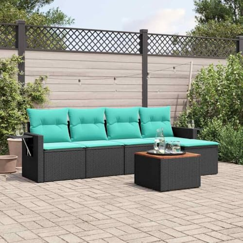 YunCangg 6-teiliges Gartensofa-Set, schwarzes Polyrattan, mit blauen Kissen und Beistelltisch, modulares Outdoor-Möbelset für Terrasse und Balkon
