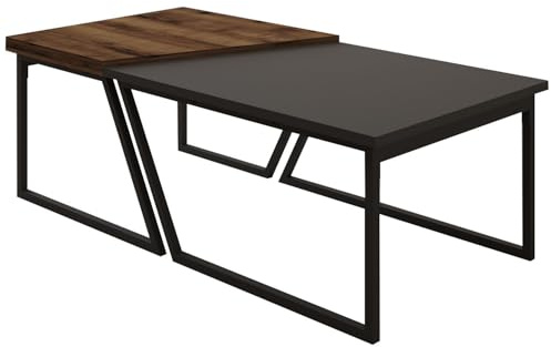 Hanah Home Modern Coffee Table Set (2 Pieces), Anthracite & Rustic Walnut, 120 x 40.6 x 60 cm | 100% Melamine Coated, Black Metal Legs | Stylish Industrial Design