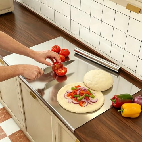petour Piano di lavoro in acciaio inox con bordo, 90 x 50 cm, tagliere in acciaio inox con mattarello in acciaio inox e tappetino antiscivolo, taglieri per piano di lavoro, cucina, bar, ristoranti