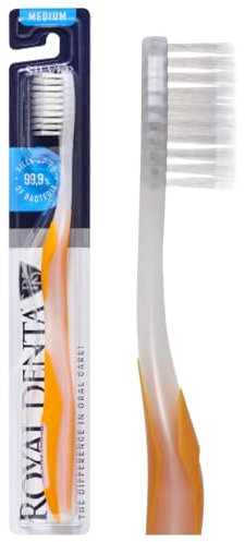 Royal Denta Silver Medium Zahnbürste - Doppellänge Borsten für Interdentalreinigung, Silberpartikel gegen Bakterien, Zahnsteinentfernung, Mittlere Stärke, Gelb