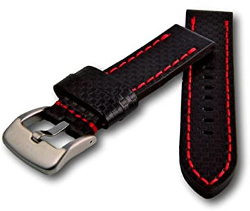 Uhren Pevak® Leder Uhrenarmband Carbon Optik Schwarz mit Rote Naht 24mm Uhr Armband Uhrband Ersatzband