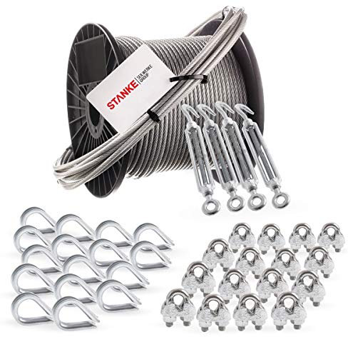 Seilwerk STANKE Corda in acciaio zincato con guaina in PVC da 20m fune in acciaio 4mm 6x7, 4x gancio per occhiello M6 tenditore, 16x ditale, 16x morsetto per corda - SET 6