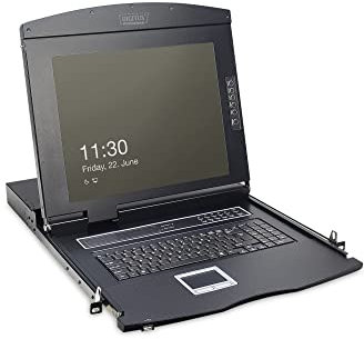 DIGITUS 19 KVM Konsole mit 17 TFT Display (4:3), UK-Tastatur-Layout, KVM Switch mit 16 Cat5 Ports, Schwarz