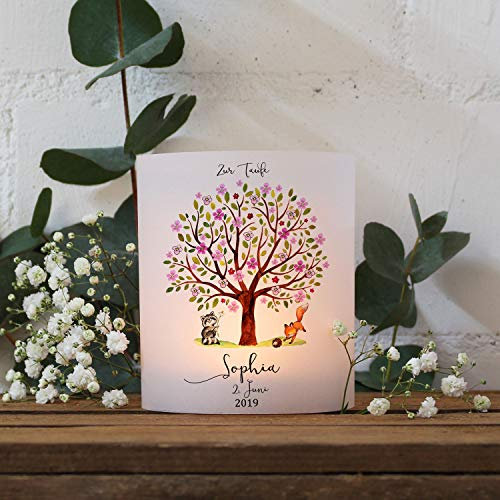 ilka parey wandtattoo-welt Teelichthüllen zur Taufe 2er 4er Set für Windlichter Teelicht Lichthülle Hülle Baum rosa Fuchs Waschbär + Wunschname Datum te120 - ausgewählte Größe: *4X Lichthüllen*