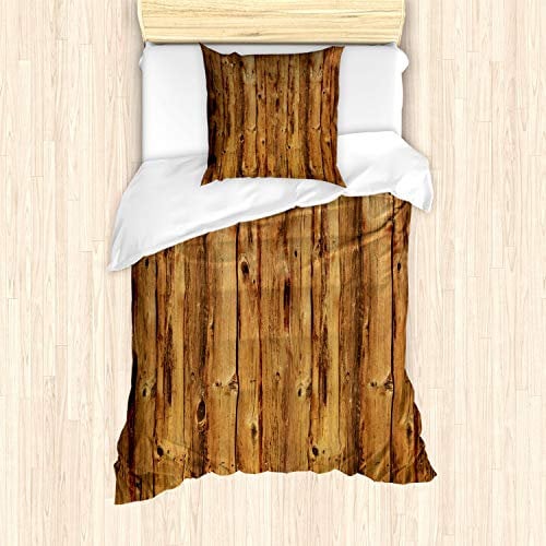 ABAKUHAUS Rustikal Bettbezug Set für Einzelbetten, Naturholz Waldbäume Foto, Milbensicher Allergiker geeignet mit Kissenbezug, Braun Karamell und Dunkler Kakao