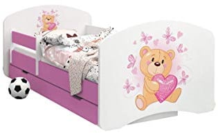 Happy Babies -LIT D'ENFANT ROSE DOUBLE FACE AVEC TIROIR Design Moderne Avec Bords Sécurisés et Matelas en Mousse Antichute 7 cm (07. Ours en peluche amoureux, 180x90)