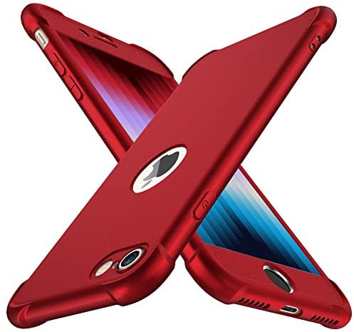 ORETECH Compatible with iPhone SE 2020 / SE 2022 case, and [2 Pack 9H Tempered Glass Screen Protector] 360 Shockproof Ultra Thin Anti Scratch Hard PC Silicone TPU Bumper Cover - Red