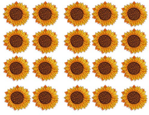 Fdit 20 Pcs 4cm Sunflower Embroidered Patch, Sew Iron On Applique | cloth material, heat activated glue backing, 1.6in diameter per piece, textile clothing bag decoration