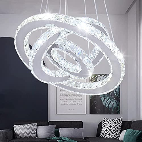 diisunbihuo LED-Kronleuchter, moderne Deckenleuchte, 3 Ringe, verstellbar, Edelstahl-Pendelleuchte, Kronleuchter für Schlafzimmer, Wohnzimmer (kaltes Weiß)