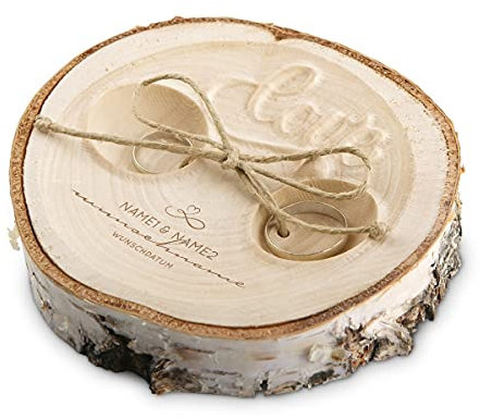 Personalisiertes Hochzeit Ringkissen Love Birkenscheibe Gravur individuell ca. 11 cm Durchmesser - Schwungschrift Motiv, inkl. Gravur Ihrer Namen und Datum, Echtes Holz, Made in Germany