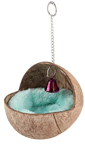 Cyrank Vogelnest, natürliches Kokosnuss-Vogelhaus-Zuchtschlüpfen, Ruhenest, Vogelkäfig-Zubehör mit Warmer Unterlage und Glocke für Papagei, Wellensittich, Sittich, Nymphensittich, Conure, Lovebird