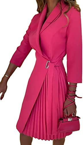 Shownicer Robe de Cocktail Femme Col V Manche Mi-Longue Vintage Plissée Avec Ceinture Chic et Élégante A-Line Soirée Mariage Rose L