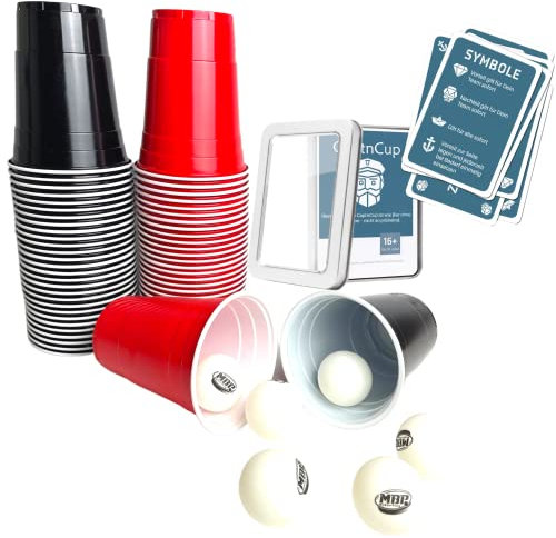 CaptnCup + Beerpong Set – 100 vasos + 6 bolas – Beer Pong – Juego de beber con vasos rojos y negros, ideal para fiestas