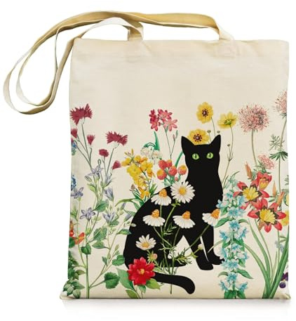 bmuvghi Black Cat Canvas Tote Bag, Birthday Cat Gift Bag with Zipper Pocket