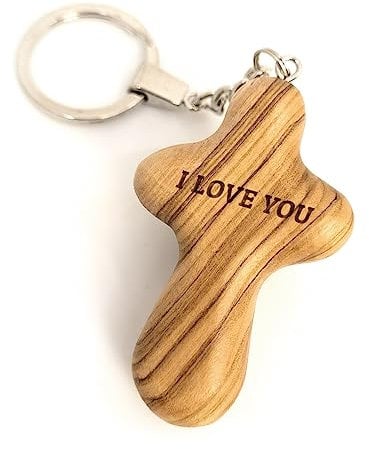 Diamandi Personalisierter Schlüsselanhänger aus Olivenholz – Engel, Herz oder Kreuz – Individuelle Gravur auf Vorderseite & Rückseite – Glücksbringer, Handschmeichler (Kreuz aus Olivenholz)