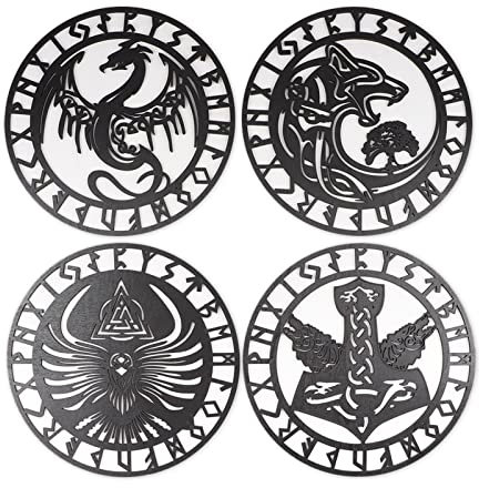 4 Stück Wikinger Wanddeko Schwarz, Wikinger Deko, 30cm Nordische Mythologie Wikinger Runen Symbol Wandkunst Wandskulpturen, Wikinger Dekoration für Wohnzimmer, Schlafzimmer, Büro, Garten, Zuhause