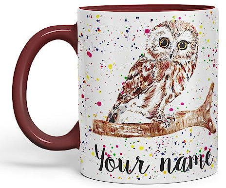 Vixar Personalised with Your Text Owl Bird Watercolour Art Coloured Ceramic Mug Cup Gift 330ml 11oz Custom Work Office Tea Coffee (O2) (Maroon)