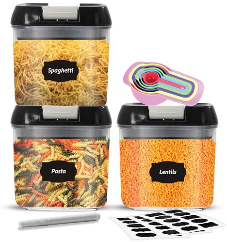 Top 3 Airtight Food Storage Containers – Pack Of 3 x 0.5L Plastic Storage Jars With 1 Marker, 10 Labels and 6 Measuring Spoons – For Flour, Cereals, Grains, Sugar, Nuts, Pasta etc (Pack of 3 x0.5L)