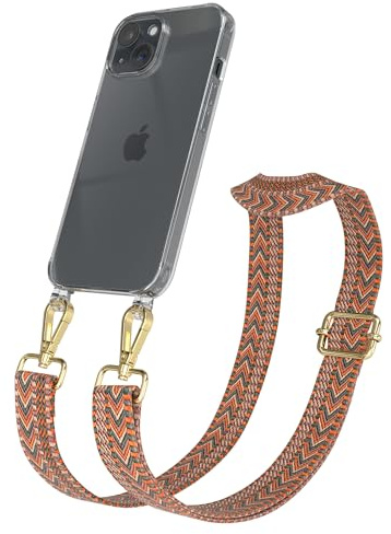 EAZY CASE Handykette - Verstellbares Taschenband kompatibel mit iPhone 15, Schulterriemen, Handykordel mit Silikon Hülle, Umhängetasche, Orange Grün Gold