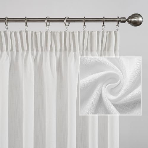 MYSKY HOME Gardinen und Vorhänge Wohnzimmer Gardine mit Kräuselband Schlaufenschal Vorhang 2er Set Gardine Halbtransparent Leinenoptik Curtains for kinderzimmer, H 245 x B 140 cm, Weiß