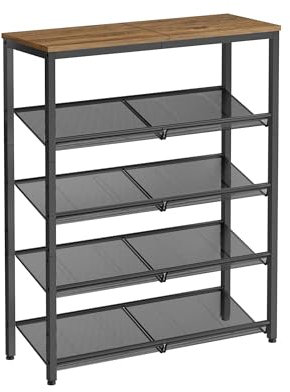 VASAGLE Shoe Rack, 5-Tier Shoe Storage with Shelves and Large Top, Adjustable Mesh Shelves, Space-Saving for Entryway, Hallway, Steel, Industrial, Honey Brown and Ink Black LBS038K01