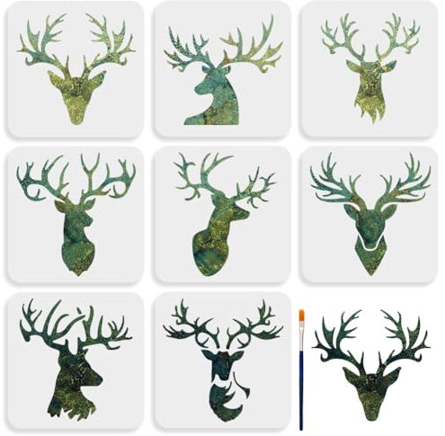 MAYJOYDIY 8 Hirschkopf Schablone 20 × 20cm Wildtier Waldtier Schablonen Vorlage Mit Pinsel Wiederverwendbare Hirschgeweih Zeichenvorlage Für Holz Leinwand Papier Stoff Wand Glas