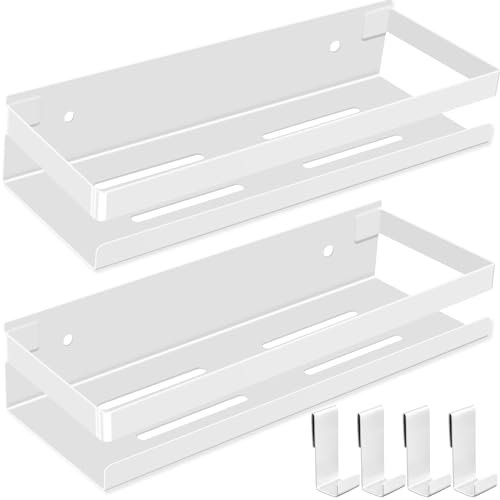 MUUKAIII Etagere Salle de Bain Sans Percage Blanc 2 Pièces Etagere Douche Inox avec 4 Crochets 30cm Etagere Douche Sans Percage Rangement et Organisation de La Salle de Bain Porte Gel Douche
