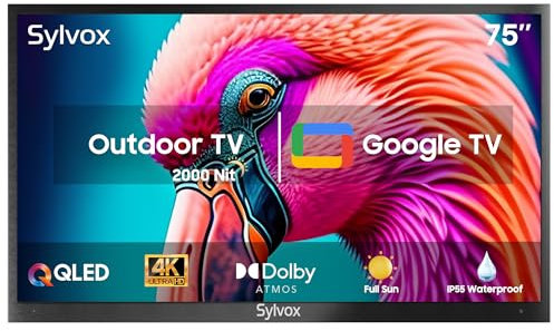 SYLVOX Outdoor TV 75 Pulgadas | 4K UHD QLED, 2000 Nits | Google TV, Asistente de Voz, Dolby Atmos | IP58 Televisor de Exterior Resistente al Agua para Jardín, Terraza, Piscina & Locales comerciales