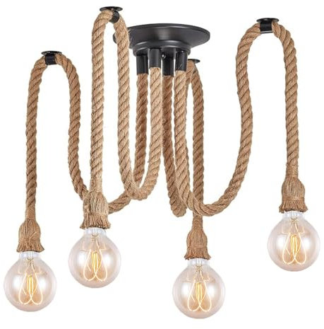 Lámpara de araña industrial retro de cuerda de cáñamo, cuerda de cáñamo vintage, lámpara colgante con portalámparas E27, Luz de lámpara de techo DIY creativa para salón cocina restaurante (4 cabezas)