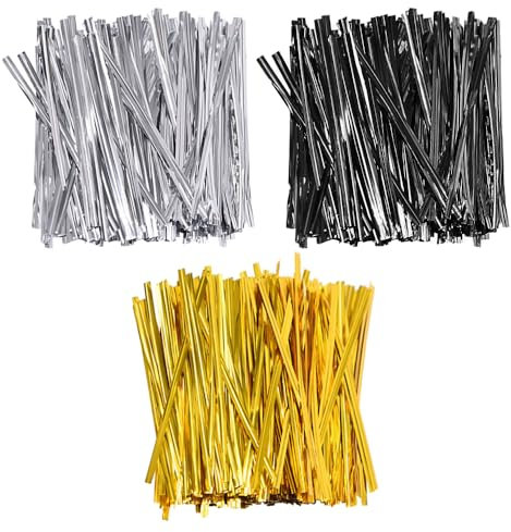 TRKETK 2400 Piezas Bridas Giratorias, Bridas Metálicas de 4 Pulgadas Bridas Reutilizables para Bolsas Bridas de Plástico para Pan para Hornear Galletas Chocolate Bocadillos(Oro + Plata + Negro)