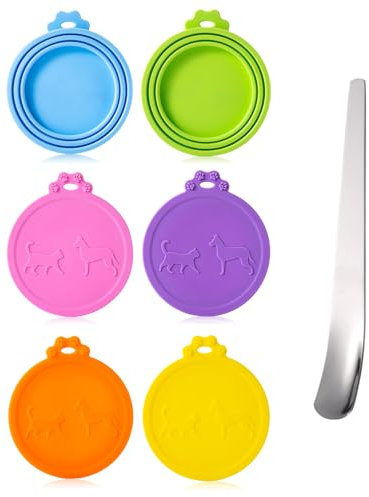 SLSON Tierfutter Dosendeckel Set 6 Stück Katzenfutter Deckel mit 1 Löffel Universal Dosendeckel für Hunde Katzenfutter Lagerung