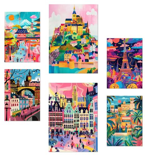 Nacnic 6er-Set Von Mary Blair inspirierte Denkmäler Eiffel Prag Saint Michele Alhambra Belgien Fushimi Inari Poster mit Designillustrationen zur Dekoration der Wände Ihres Zuhauses A3 & A4 Rahmenlos