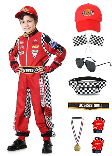 aicoaub Costume da Pilota di Auto da Corsa Ragazzi Tuta da Pilota Bambino con Cappello Medaglia Marsupio Bandiera Occhiali Guanti per Carnevale