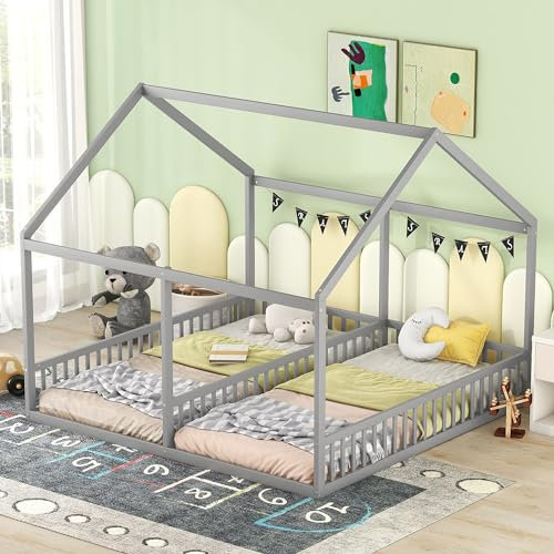 Dolamaní Bodenbett 180x200 cm 2 Kinder mit rausfallschutz, 90x200 cm Einzelbetten 2-in-1, Hausbett Holz Geschwister Bett, Kinderbett Bodentief (Grau)