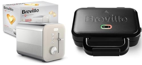 Breville High Gloss 2-Slice Toaster with High-Lift & Wide Slots | Cream & Stainless Steel [VTT967] & Ultimate Deep Fill Toastie Maker | 2 Slice Sandwich Toaster | Removable Non-Stick Plates