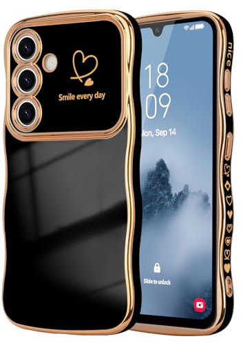LCHULLE Kompatibel mit Samsung Galaxy A14 4G/5G Hülle Liebesherz Handyhülle Wellen Lockige Form Mädchen Kameraschutz Luxus Galvanik Schutzhülle Girls Silikon Case für Samsung A14 4G/5G Schwarz