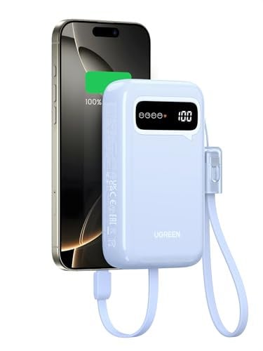 UGREEN Power Bank, 20000mAh Powerbank 22.5W Max mit 2 USB-C Kabel, 2C1A mit Digitales Display, Externer Handyakkus für iPhone 16/15/15 Pro/15 Pro Max/14, Galaxy S24 Ultra und mehr(Blau)