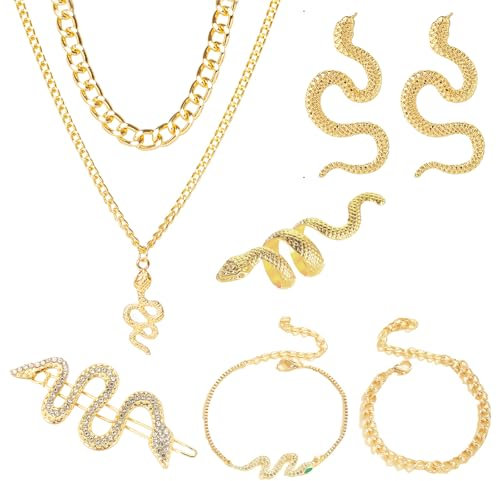 Hifot 6 Stück Schlangen Schmuck Set für Damen Teenager Schlangen Ohrringe Gold Schlangen Armband Mehrschichtige Halskette Ring Haarspangen Schlangen Accessoires Gothic Medusa Kostüm