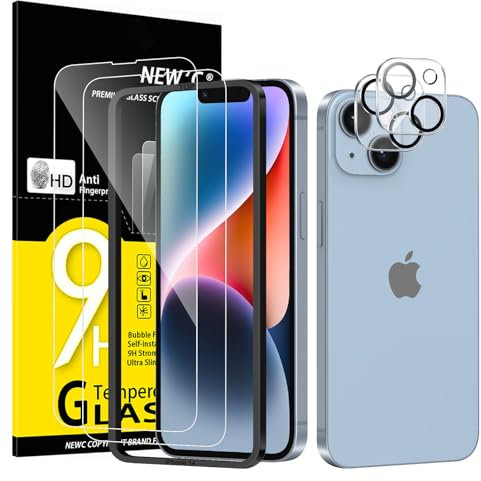 NEW'C Kit de 4, 2 x Verre Trempé pour iPhone 14 (6,1 Pouces) et 2 x Protection Caméra Arrière - Kit Outil d'Installation Facile - Anti Rayures - Ultra Résistant-HD Transparent