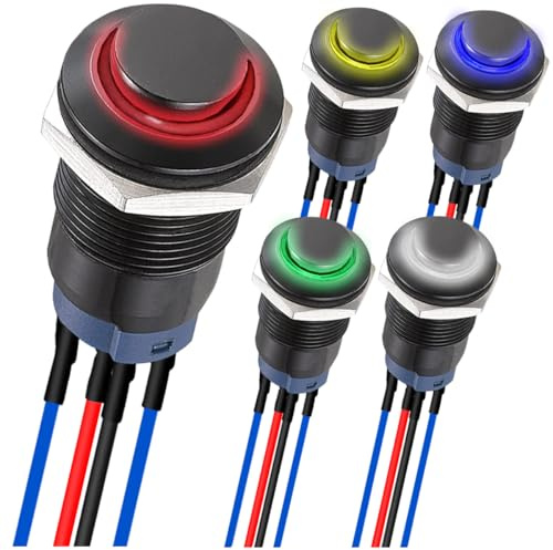 MKBKLLJY 5St. 12mm LED-Tastschalter Schwarzes Gehäuse mit Vorverdrahtung IP65 Wasserdichter Drucktastenschalter SPST 2Position ON OFFmitroten/gelben/blauen/grünen/weißen LED für Auto, Boot, LKW