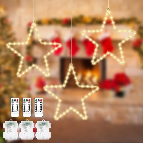 3 Stück Weihnachtsbeleuchtung Fenster Stern, 30cm Groß Fensterbeleuchtung Weihnachten Weihnachtsdeko Fenster Beleuchtet mit Timer 8 Blinkenden Modi für Weihnachten Party Innen Außen, Batteriebetrieben