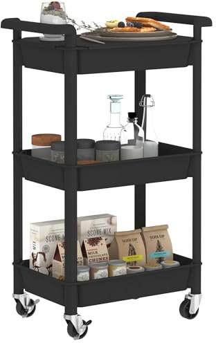 Steehoom 3-Tier Storage Trolley Rolling Cart with Cover Top Board, Utility Cart Storage Rack Shelves on Wheels for Kitchen, Office, Bathroom, Bedroom, Laundry Room (Black)