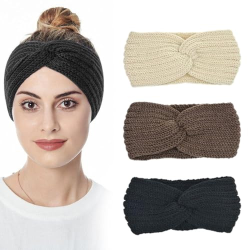 3 Pièces Bandes de Cheveux Tricotées Hiver Crochet pour Femmes - Bandeau Beige, Noir, Kaki