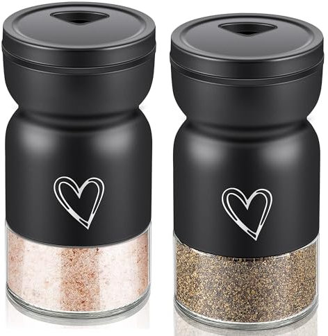 Stainless Steel Salt and Pepper Shakers Set,Cute Salt Shaker Clear Bottom Bottle Container with Adjustable Pour Holes, Refillable Perfect for Kitchen Gadgets Cooking Table, Camp,BBQ (Black+Black)