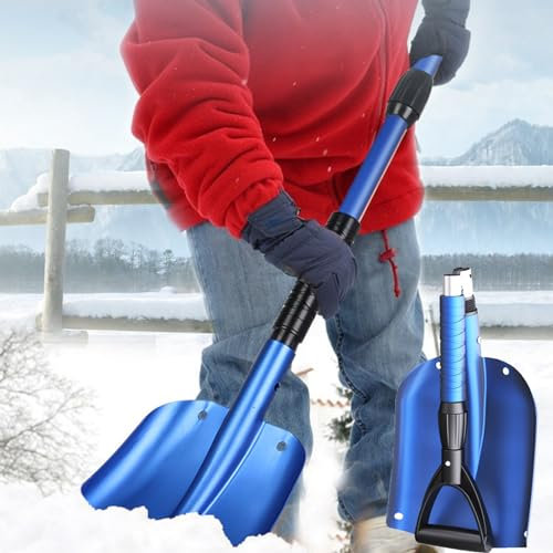 JOCHEN Pala de Nieve Plegable para Coche, Pala quitanieves portátil de Emergencia con Mango ergonómico en Forma de D y Mango retráctil de Aluminio para Maletero de Coche, Motos de Nieve, Camping