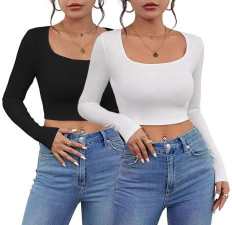 Belriviere Women 2 Pack Long Sleeve Crop Tops Casual U Neck Slim Fit Sexy Tight Fitted Going Out Basic Tee Shirt Outfit L Black White