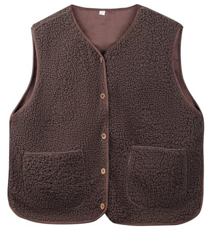 Risipu Damen Sherpa Weste Casual Warm Fuzzy Faux Shearling Weste ärmellos Fleece Jacke Taschen Teddy Mantel Gilet für Winter (DE/NL/SE/PL, Alphanumerisch, S, Regular, Regular, Braun)