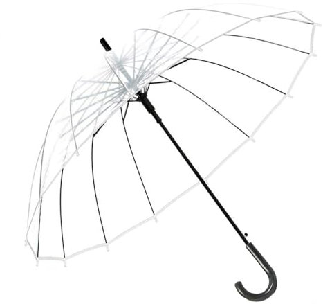 Paraguas Largo y Grande Transparente Resistente al Viento con 16 Varillas de Fibra de Vidrio, Mango Curvado, Ligero y Portátil, Protección Contra la Lluvia, Ideal para Bodas, Viajes y Uso Diario