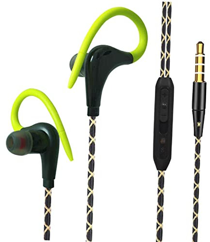 Auriculares deportivos con cable jack de 3,5 mm con gancho sobre la oreja para correr, gimnasio, color verde, 1,2 m